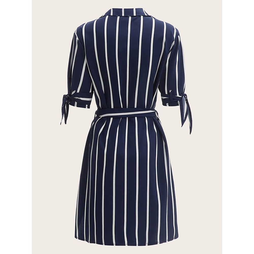 Navy Blue Striped Knot Sleeve Belted Shirt Dress - Picture 10 of 11